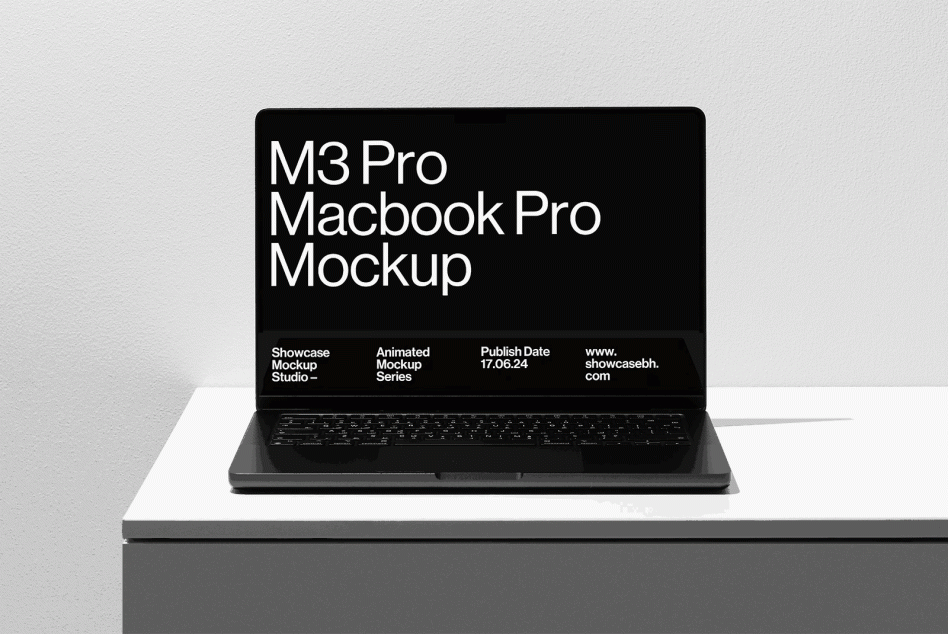 M3 Pro Macbook Pro mockup sitting on white platform