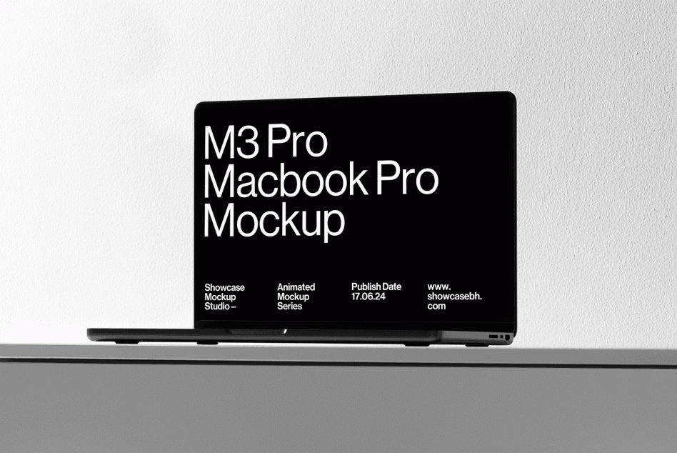 M3 Pro MacBook Pro mockup for designers featuring sleek slim device, black screen, white background. Perfect digital asset for showcasing templates mockups.