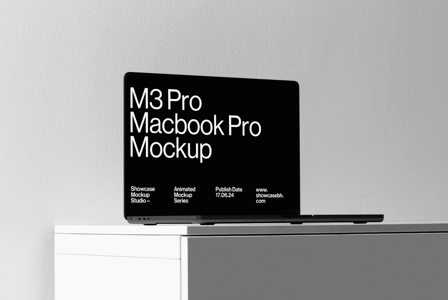 M3 Pro MacBook Pro Mockup on minimalist desk. Digital asset for designers. Graphic mockup ideal for showcasing designs. Download from Showcase Mockup Studio