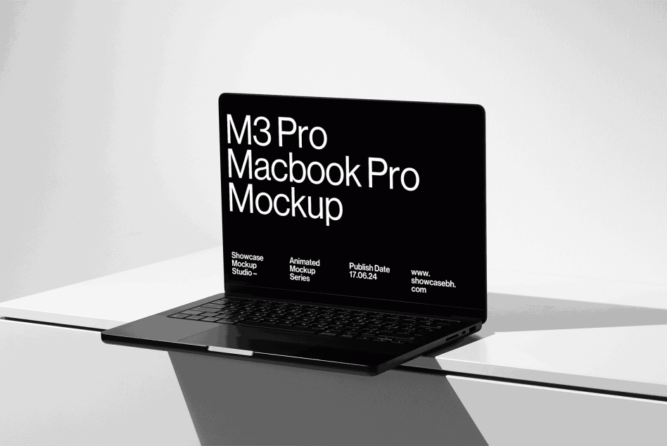 Digital mockup of an M3 Pro Macbook Pro featuring a black screen with white text Showcasing modern laptop design for templates and graphic design projects.