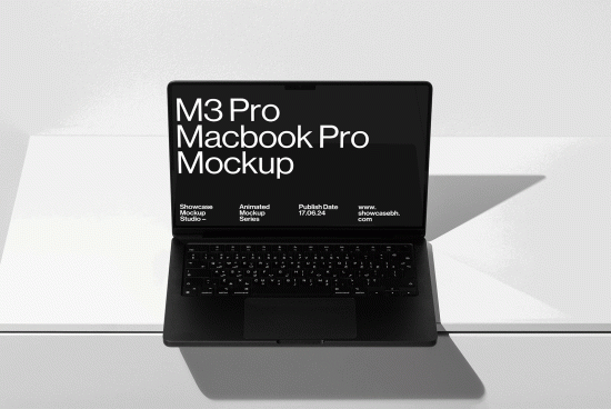 Animated M3 Pro MacBook Pro mockup on a table, perfect for showcasing design projects, websites, and app previews. Ideal for designers and digital assets.