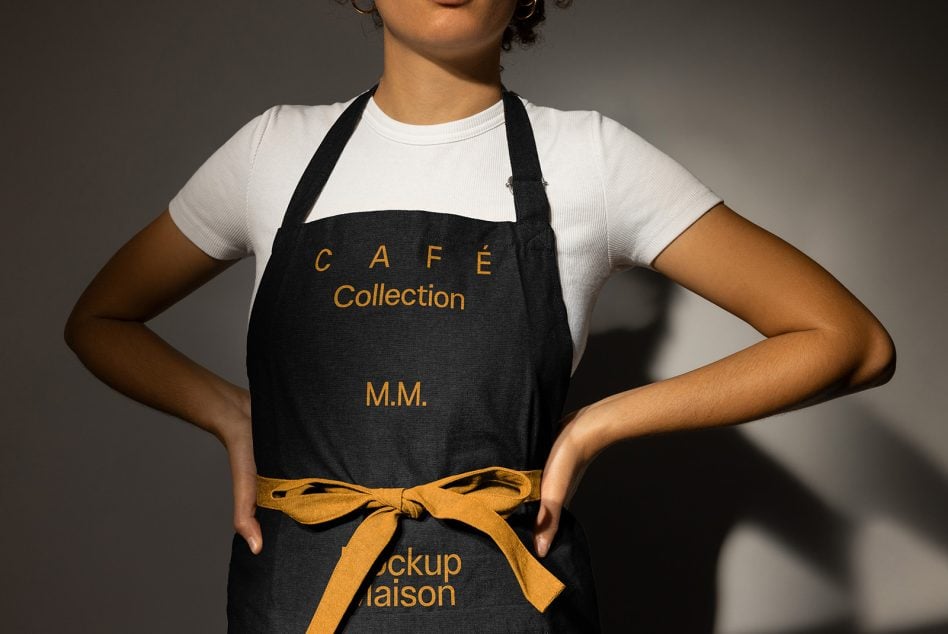 Close-up of person wearing a customizable cafe-themed apron mockup with text Cafe Collection M.M. and Mockup Maison ideal for designers for branding projects