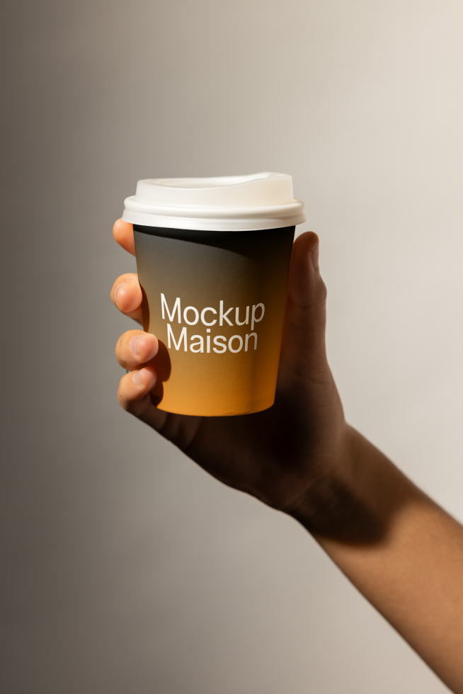 Hand holding coffee cup with mockup design. Ideal for designers creating coffee shop branding or product packaging mockups. High-quality template image.