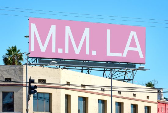 Pink urban billboard mockup with large white letters M.M. LA, ideal for designers, graphic mockups, templates, billboard advertising previews.