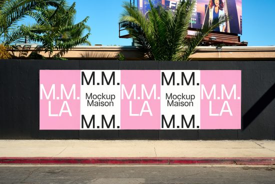 Street wall with pink and white posters displaying Mockup Maison text. Great for showcasing urban billboard designs or outdoor mockups for designers.