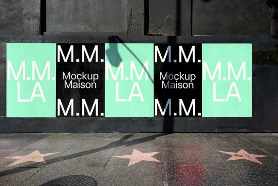 Posters on a wall mockup template showcasing bold typography for M.M. and Mockup Maison. Ideal for designers seeking urban street advertisement graphics.