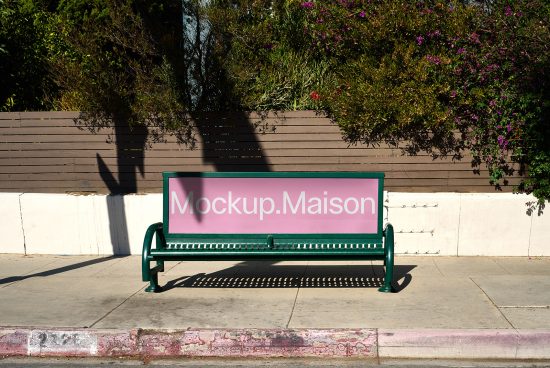 Bus stop bench mockup by Mockup Maison in urban setting. Perfect for outdoor advertising, graphic design projects, and presentation templates for designers.