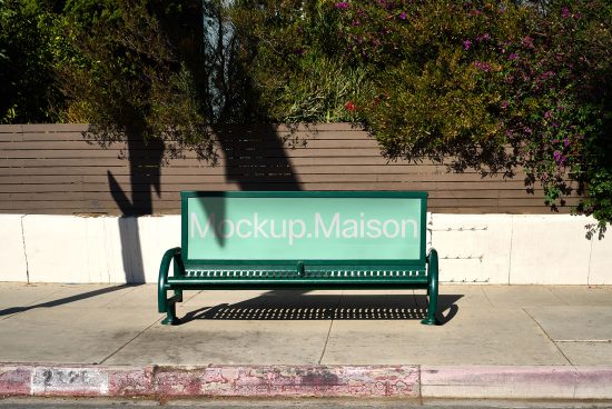 Bus stop bench mockup template outdoor. Ideal for designers mockups graphics advertising design presentations. Green bench sunny day background.