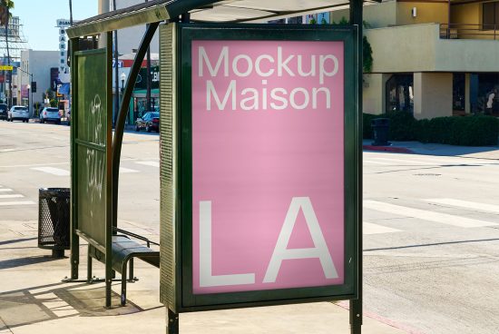 Bus stop advertisement mockup template. Mockup shows a pink ad with white text saying Mockup Maison LA. Ideal for graphic design and template use.