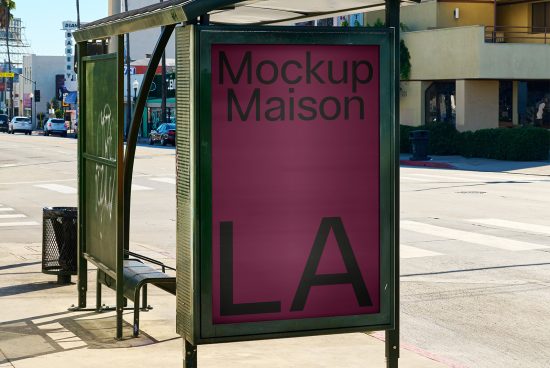 Bus stop advertising mockup poster for designers in urban setting. Ideal for showcasing fonts and templates in street environment. Keywords mockup poster.