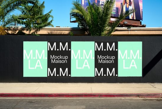 Street poster wall mockup featuring green and black posters with M.M. Mockup Maison text in Los Angeles setting ideal for designers templates mockups graphics.