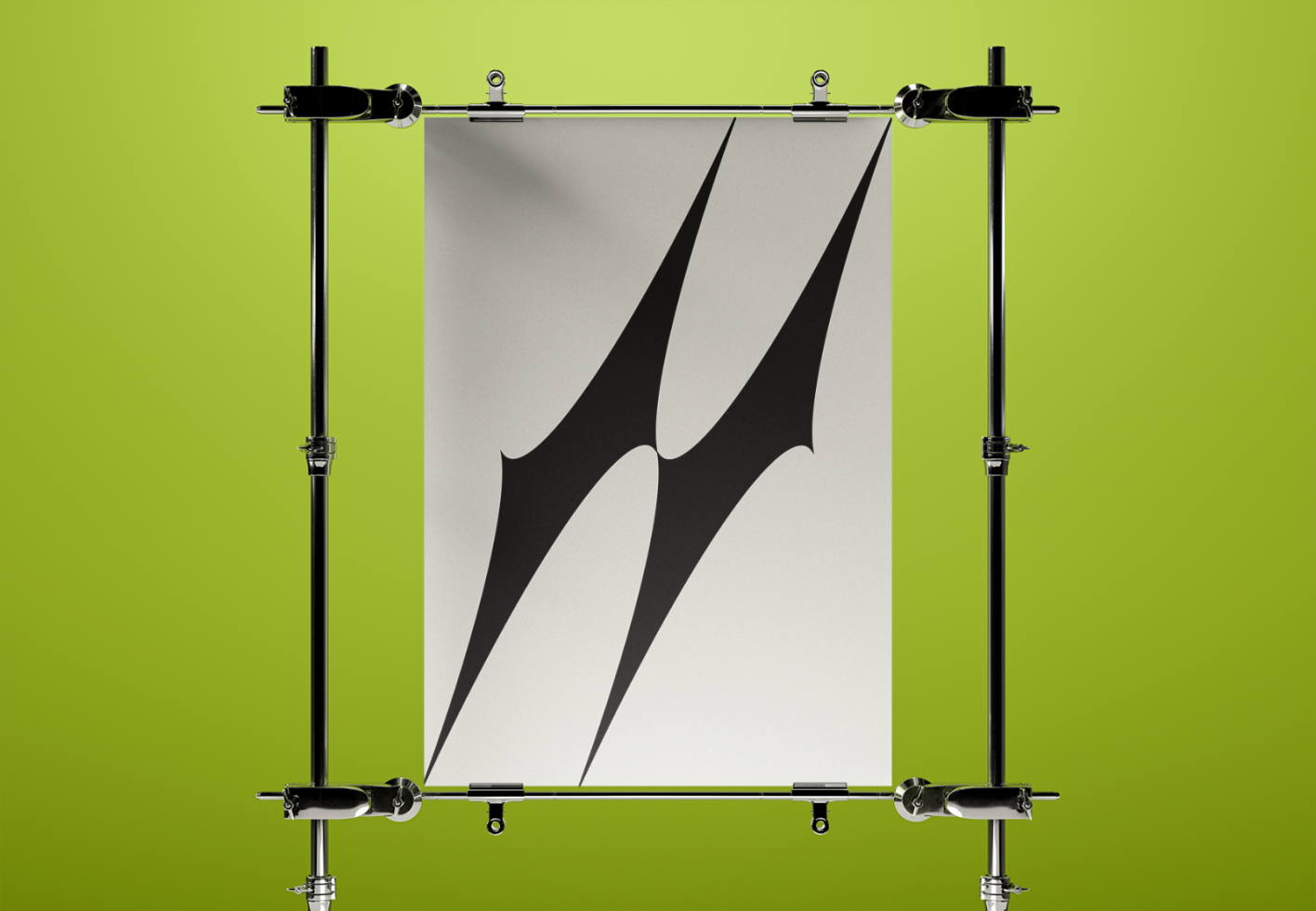 Poster mockup with abstract black shapes, displayed on a chrome stand against a green background. Suitable for graphic designers. Mockups, digital assets.