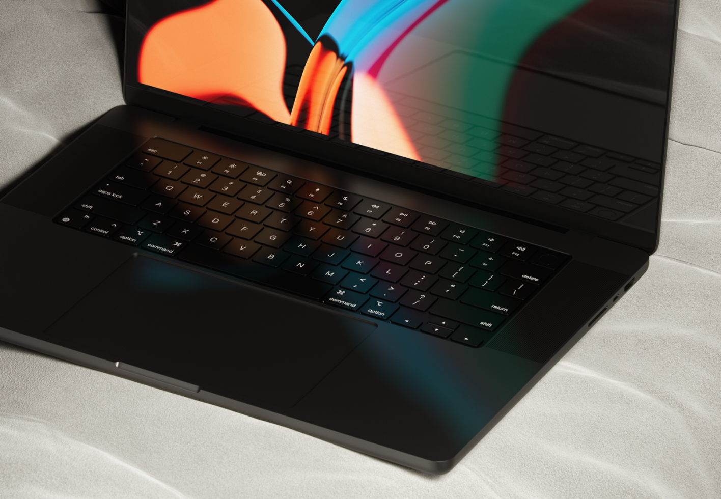 Laptop with vibrant screen reflections on keyboard, suitable for mockups, templates, and graphic designs. Ideal for designers seeking realistic digital assets.