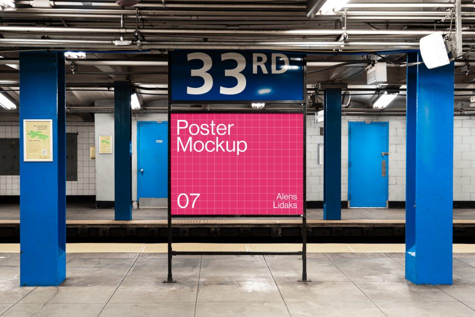 Subway platform poster mockup featuring urban design and blue accents ideal for showcasing graphics templates fonts and other digital assets to designers.