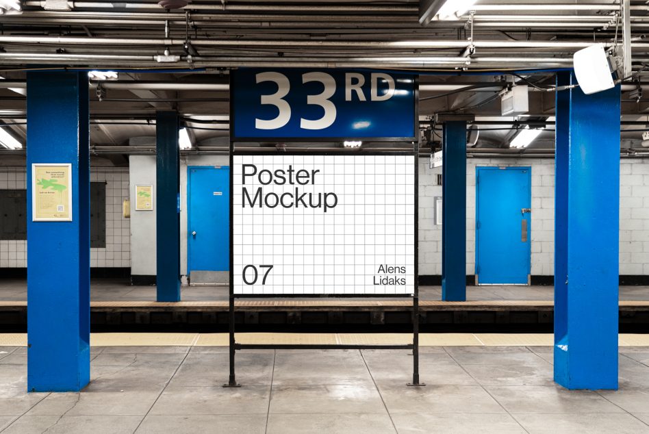 Poster mockup template in a subway station with grid lines for design previews, ideal for graphics, advertising, and marketing projects, platform number 33rd.