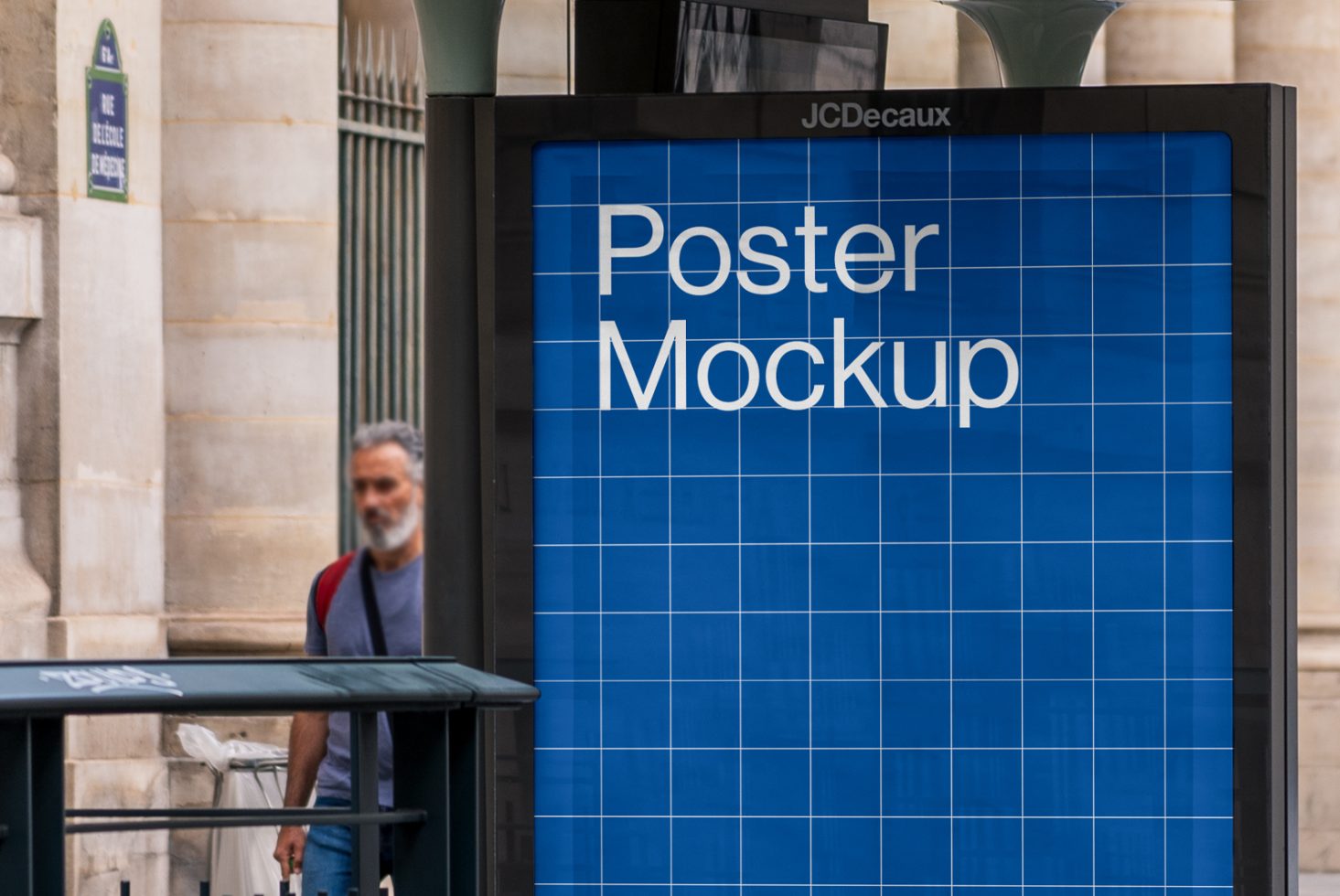 Outdoor poster mockup for advertising campaign on bus stop. Urban city street background. Graphic template for marketing and design presentation.