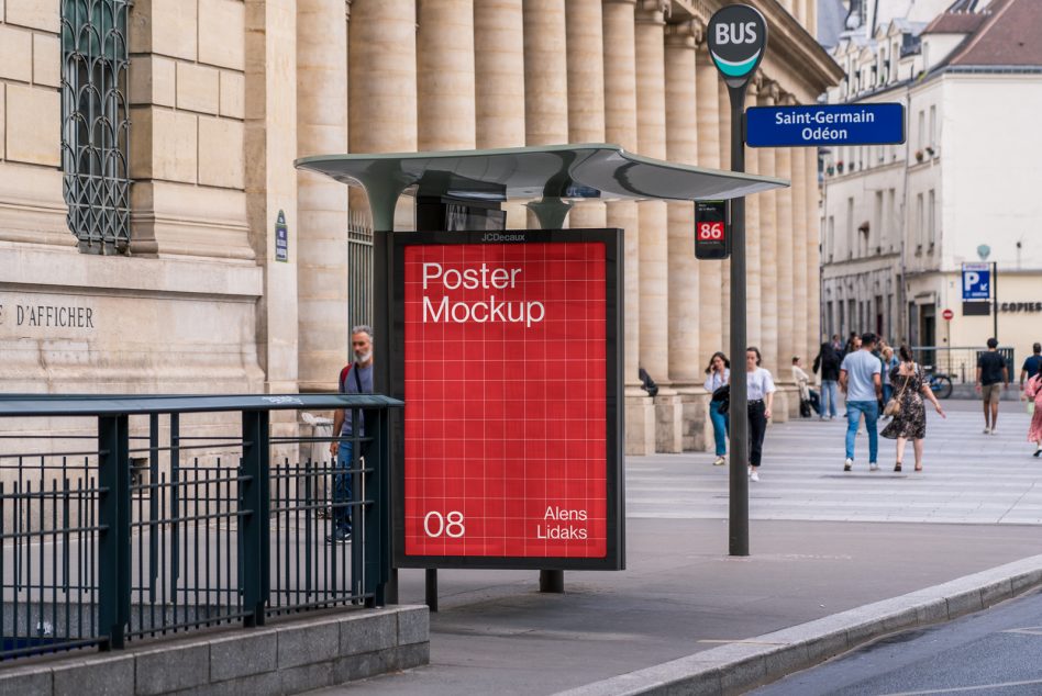 Street poster mockup shown at a bus stop in the city for design presentation. Perfect for showcasing poster designs. Ideal for graphic designers.