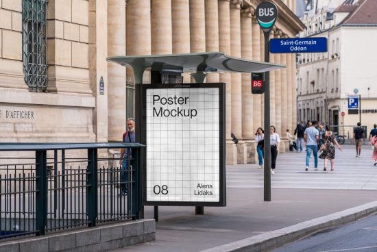 Urban bus stop poster mockup in a busy city street environment ideal for showcasing street advertising designs templates for designers and marketers.