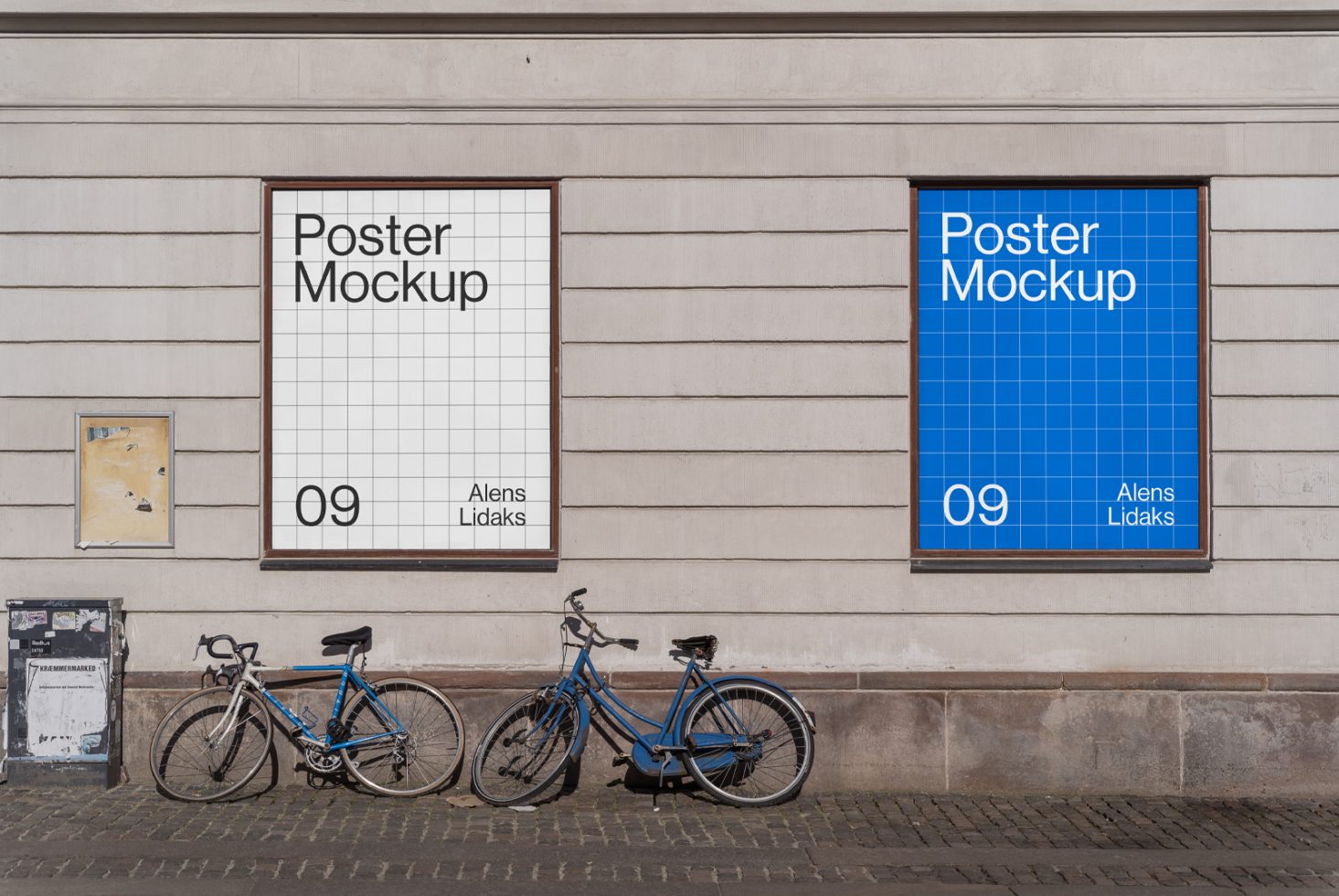 Outdoor poster mockups on a building wall with two bicycles parked below SEO keywords poster mockup street display advertising designers template graphics