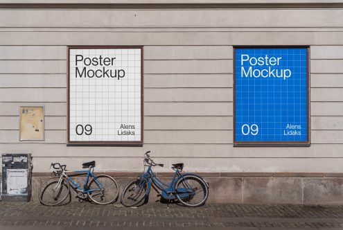 Outdoor poster mockups on a building wall with two bicycles parked below SEO keywords poster mockup street display advertising designers template graphics