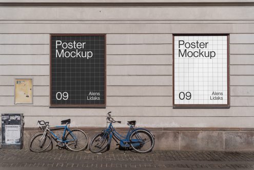 Street poster mockup template featuring two vertical posters on a concrete wall with bicycles parked beneath. Ideal for graphic designers showcasing artwork.