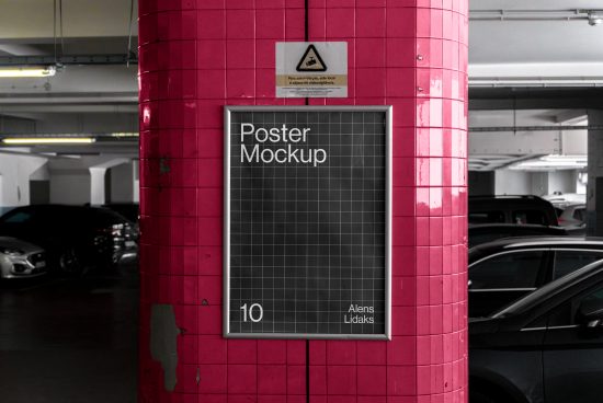 Poster mockup template design placed on a red tiled column in a parking garage offering easy customization for visual presentations for graphic designers.