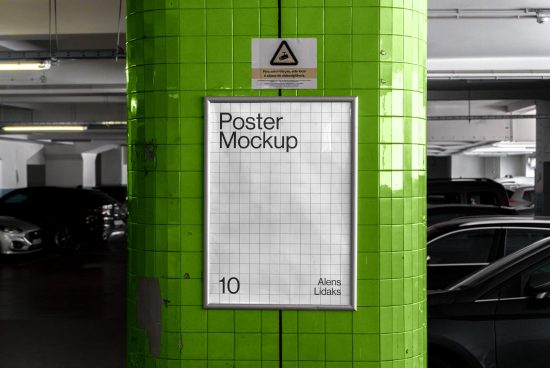 Poster mockup on a green tiled pillar in a parking garage with grid design. Ideal for showcasing poster designs. Mockup template for designers.