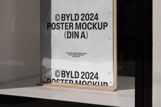 Poster mockup in wooden frame for designers. BYLD 2024 digital asset ideal for showcasing poster designs. Keywords: mockup design poster template graphic.