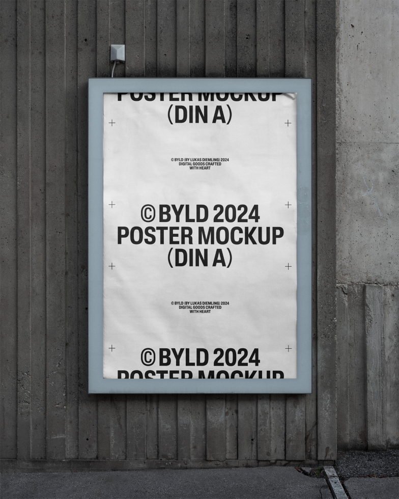 Urban poster mockup template for designers featuring a wrinkled paper design attached to a wooden frame against a concrete wall background ideal for showcasing art