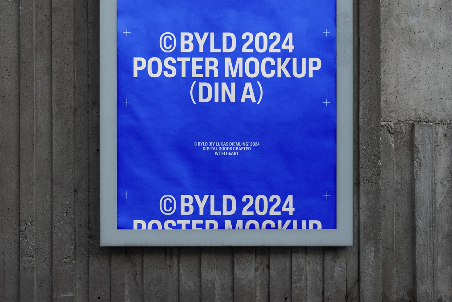 BYLD 2024 poster mockup on a concrete wall. Template for designers. Perfect for showcasing digital assets, mockups, posters. Blue background.