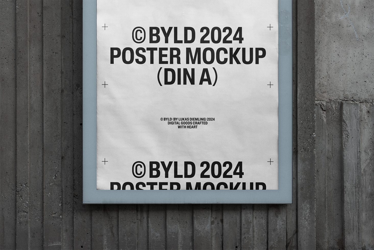 2024 poster mockup DIN A format BYLD on a concrete wall background suitable for graphic designers and marketers customizable template for presentations