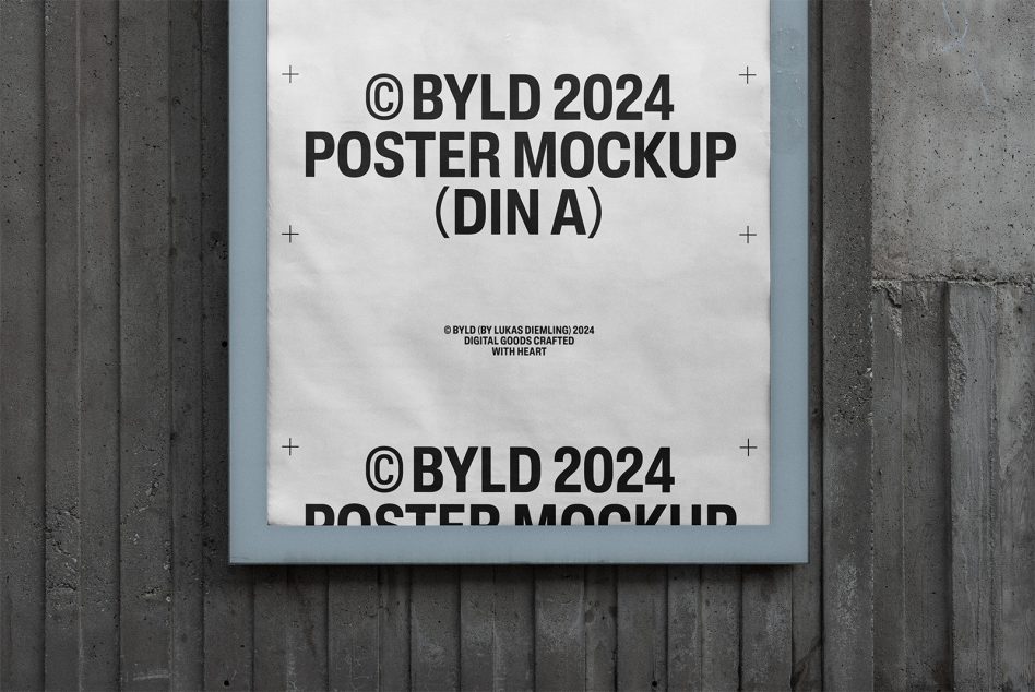 2024 poster mockup DIN A format BYLD on a concrete wall background suitable for graphic designers and marketers customizable template for presentations