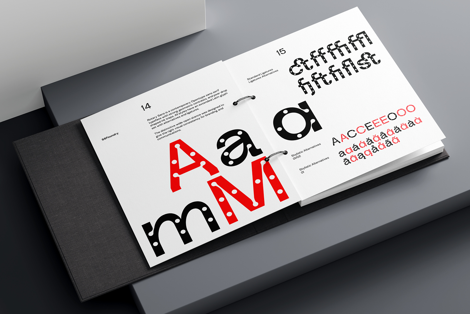 Font preview workbook showing various typographic styles in black and red on white pages target audience designers categories mockups fonts templates