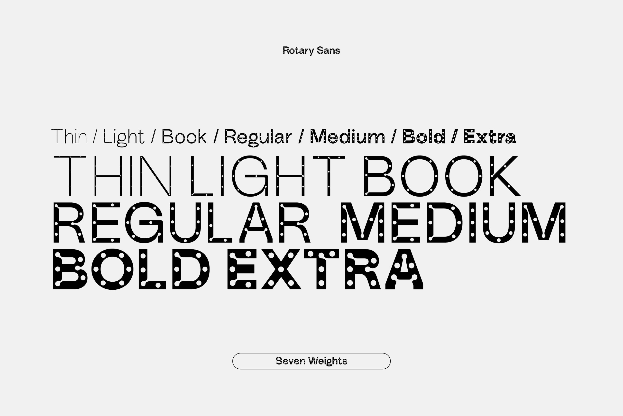 Rotary Sans font family displayed in seven weights including Thin Light Book Regular Medium Bold Extra suitable for digital designer assets marketplace.