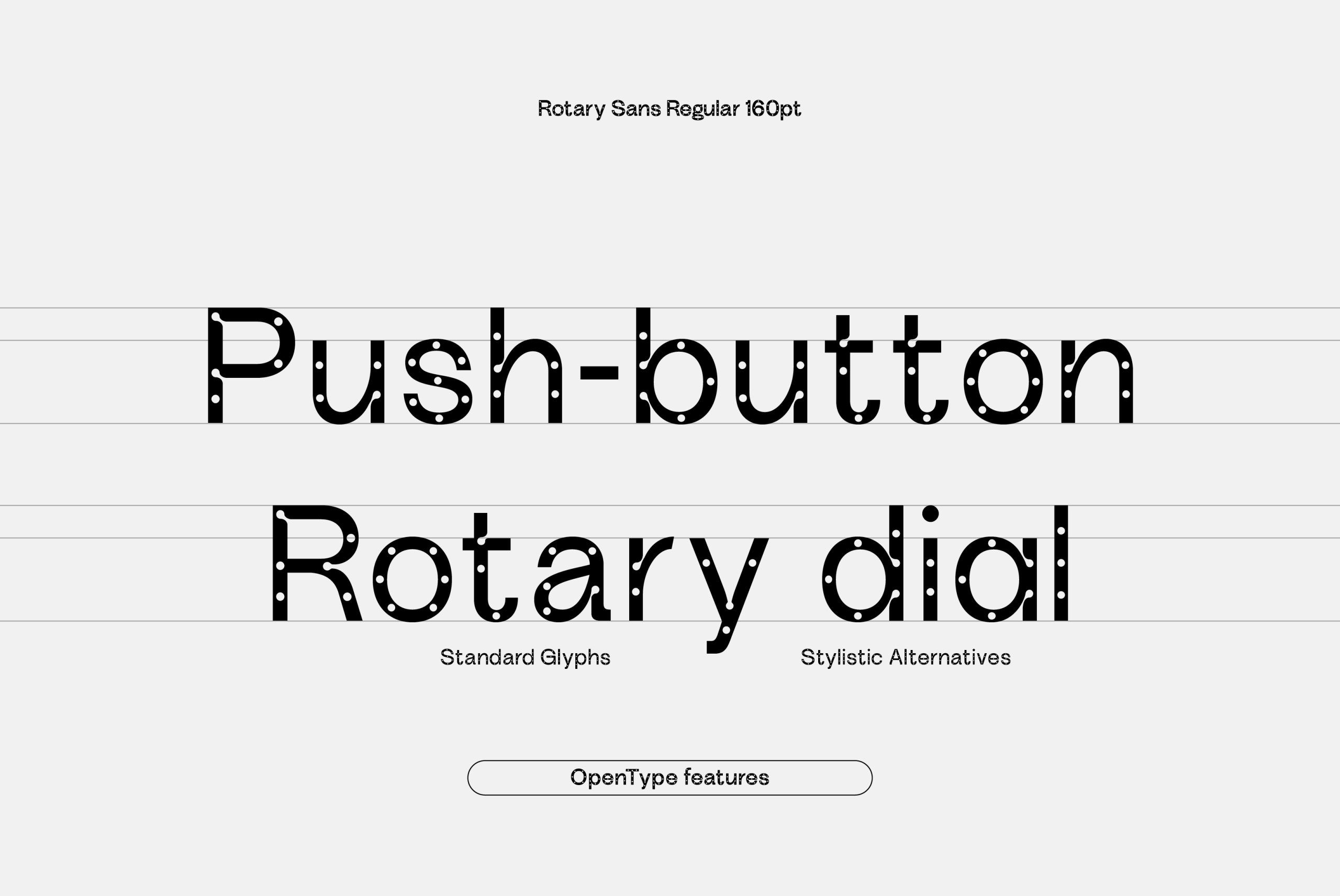 Rotary Sans Regular font showcases push-button and rotary dial text with standard glyphs and stylistic alternatives. Ideal for designers typography templates.