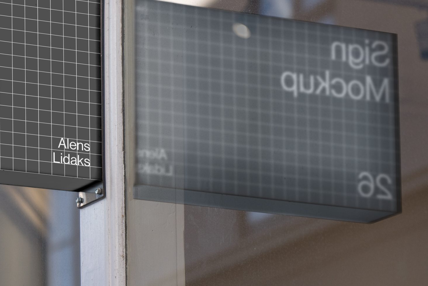 Mockup image of a wall-mounted rectangular exterior sign with a grid pattern. Ideal for designers; sign, mockup, template, designer resources, branding.