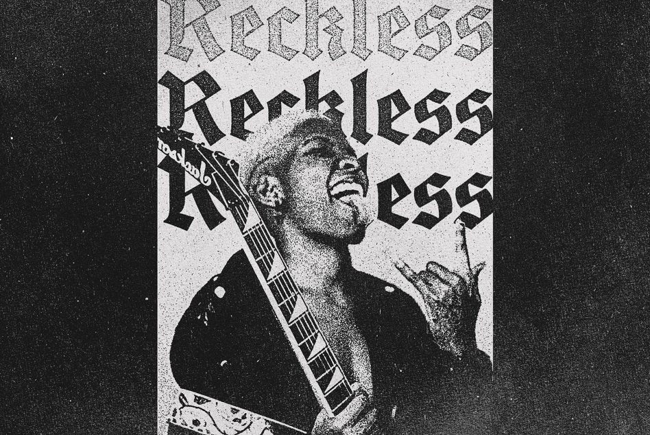 Vintage grunge design featuring a guitarist with Reckless text in bold fonts. Ideal for punk rock graphics, poster templates, and edgy design projects.