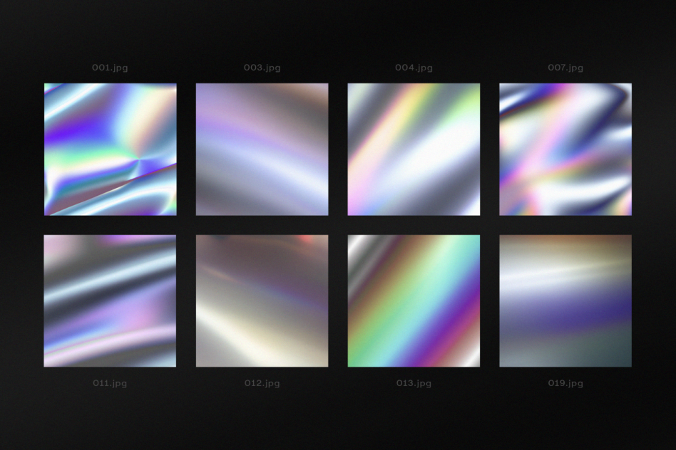 Holographic background textures set ideal for designers. Includes eight unique abstract gradient images for designs, templates, graphics, and mockups.