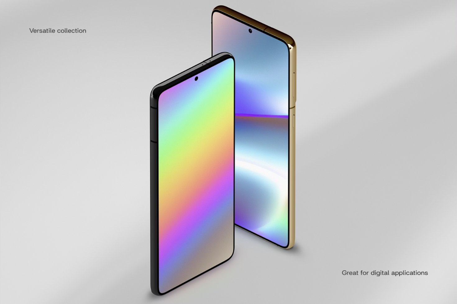 Smartphone mockup with rainbow gradient and metallic gold case showcasing modern digital design perfect for UI UX designers and web applications graphics