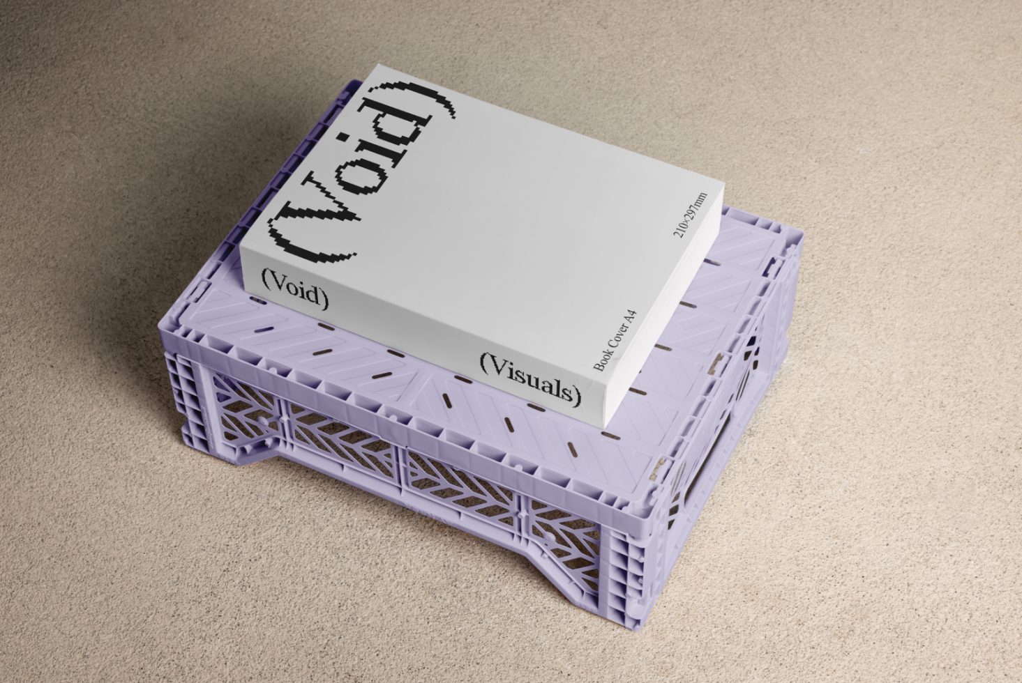 A4 book cover mockup laying on a purple plastic crate with textured floor. Ideal for designers creating presentations showcasing book or magazine design.