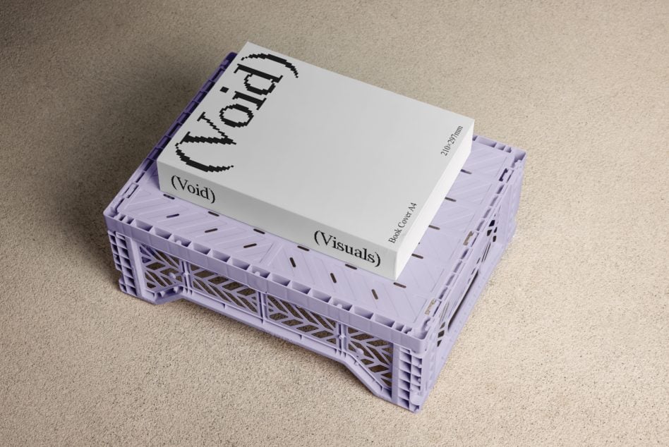 Book cover mockup on lavender plastic crate with geometric patterns, neutral background