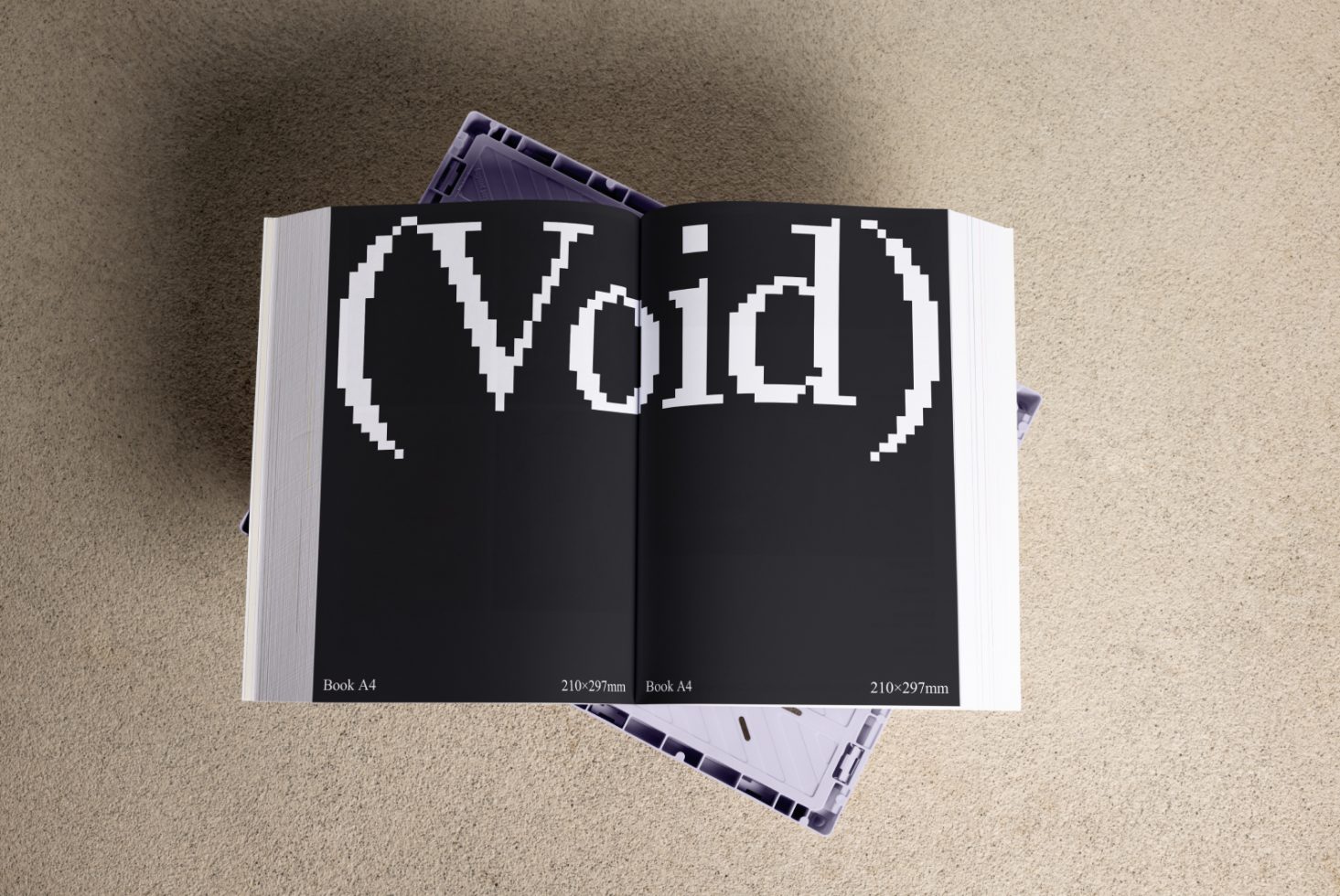 Top view of an open book displaying the word Void in large pixelated text suitable for use as a graphic design mockup template for designers.