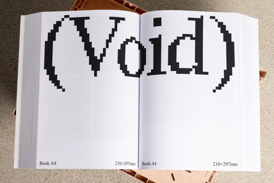 Open A4 book mockup with pixelated text Void on pages for graphic design templates, showcasing digital assets suitable for designers and creatives.