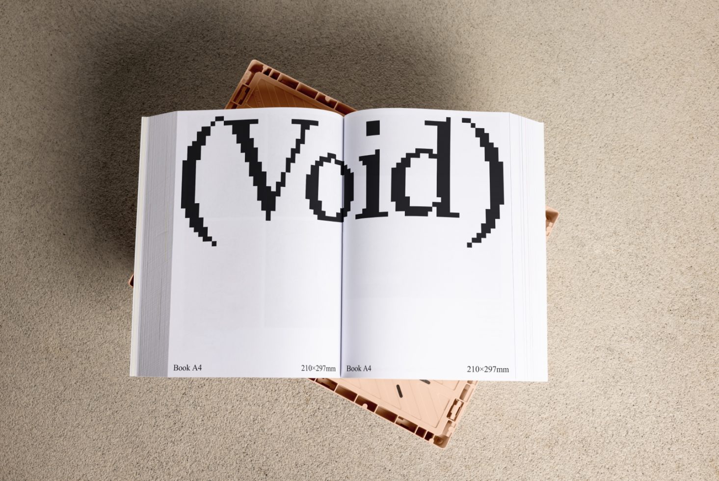 Open book mockup on textured background showing large pixelated text Void on A4 pages ideal for design presentations and digital asset showcases for designers