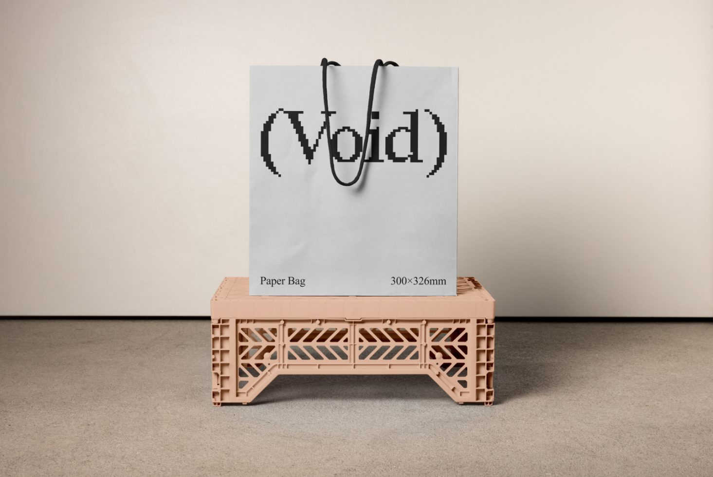 Mockup of a paper bag with the word Void printed in pixelated font positioned on a plastic crate taken against a neutral background for designers seeking templates.