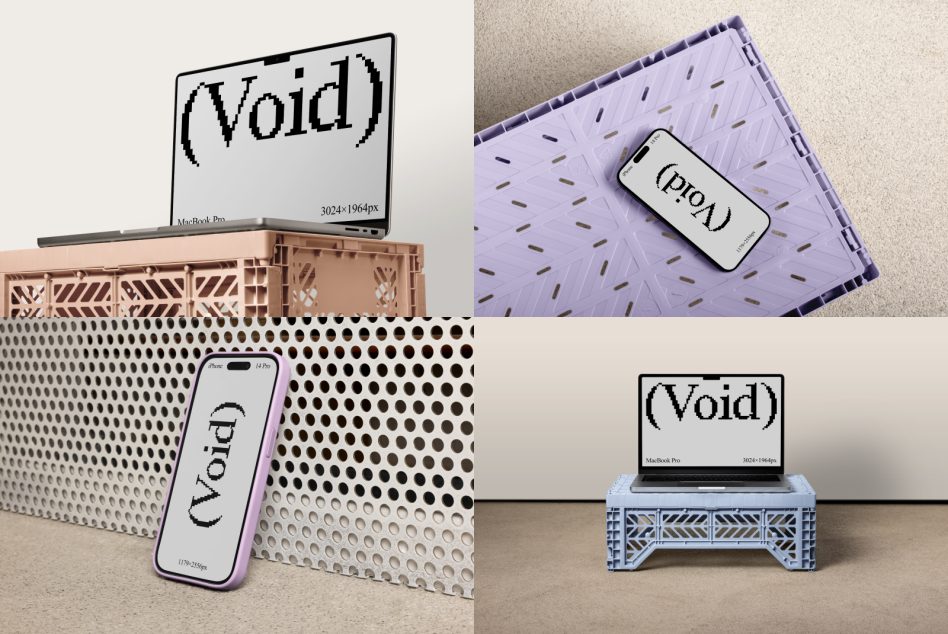 Bundle shot MacBook, iPhone, crates, metal grid showing void text variants