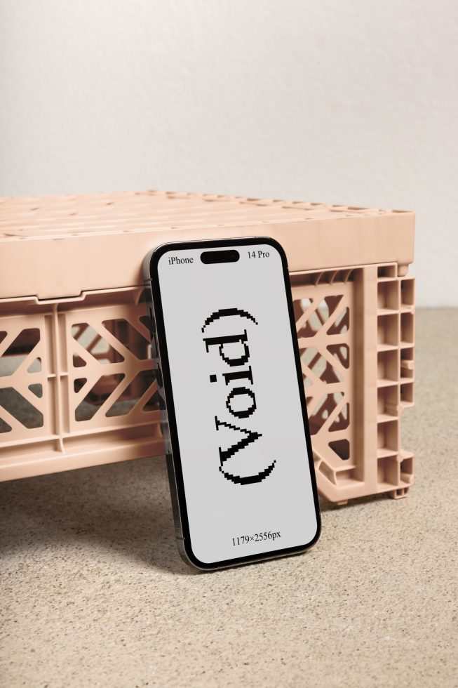 iPhone 14 Pro smartphone screen mockup template, leaning on a crate. High-resolution display for mobile interface design. Ideal for designers. 1179x2556px