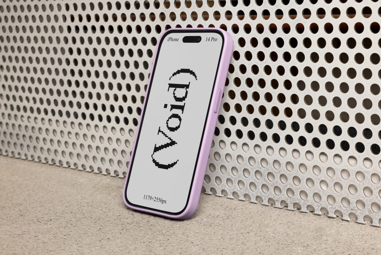 iPhone 14 Pro in pink case with Void text on screen resting against perforated metal surface digital mockup template for graphic designers 1179x2556px