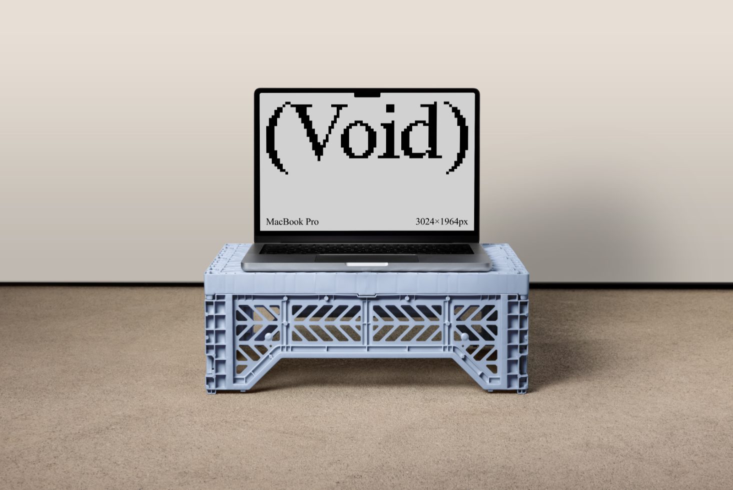 Mockup of MacBook Pro displaying Void text on screen positioned on blue crate digital asset for designers technology showcase 3024x1964px resolution