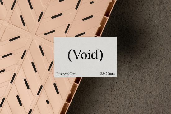 Business card mockup on a textured background with Void text. Ideal for designers. Perfect for showcasing logo, typography, branding. 85x55mm card dimensions.